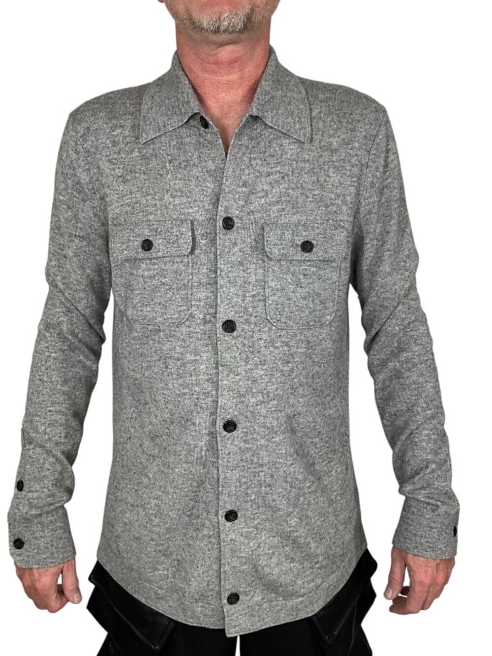 Saks Fifth Avenue Wool Cashmere Knit Overshirt L Gray Long Sleeve Button Front